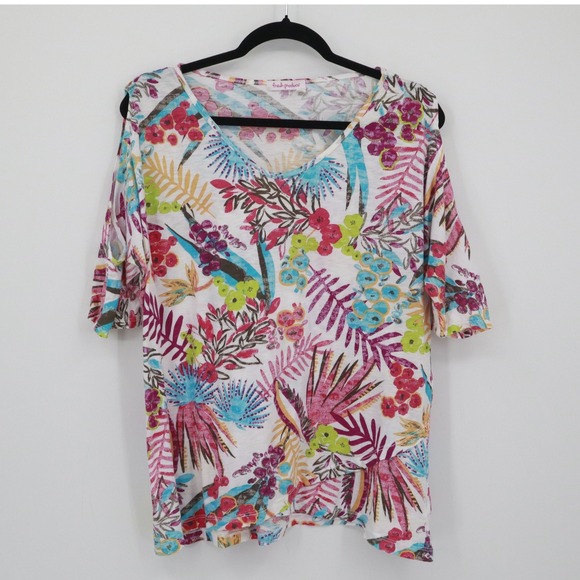 Fresh Produce Palm Print Top Women L White Resort Boho Vacation Coastal Tropical - Picture 1 of 15